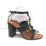 Chloe Rony T-Strap Sandals Black Leather Size 37.5 Open Toe Heels