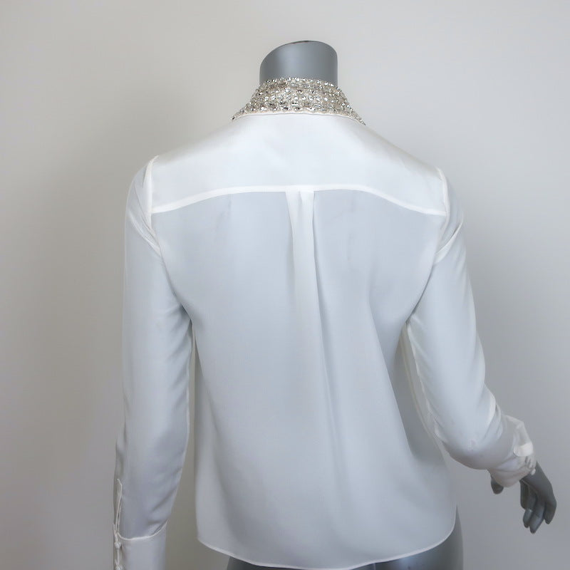 Alice + Olivia Willa Crystal-Embellished Collar Top Cream Silk Size Extra Small