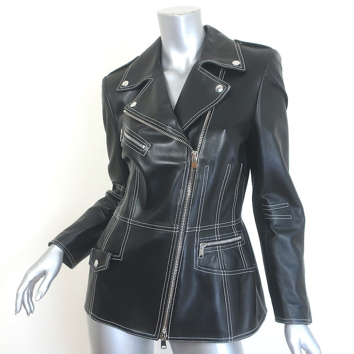 Alexander Mcqueen Contrast-Stitch Leather Biker Jacket Black Size 44