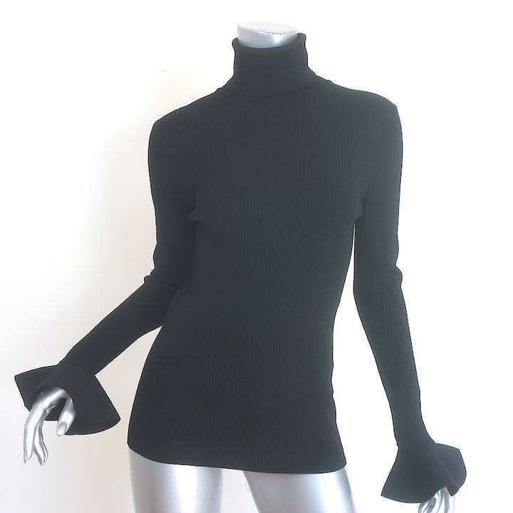 Valentino Bell Sleeve Turtleneck Sweater Black Ribbed Stretch Knit Size Large