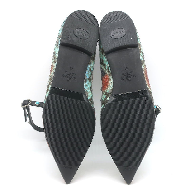 Valentino Rockstud Rolling Snakeskin Pointed Toe Caged Flats Black/Multi Size 41
