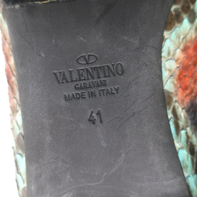 Valentino Rockstud Rolling Snakeskin Pointed Toe Caged Flats Black/Multi Size 41