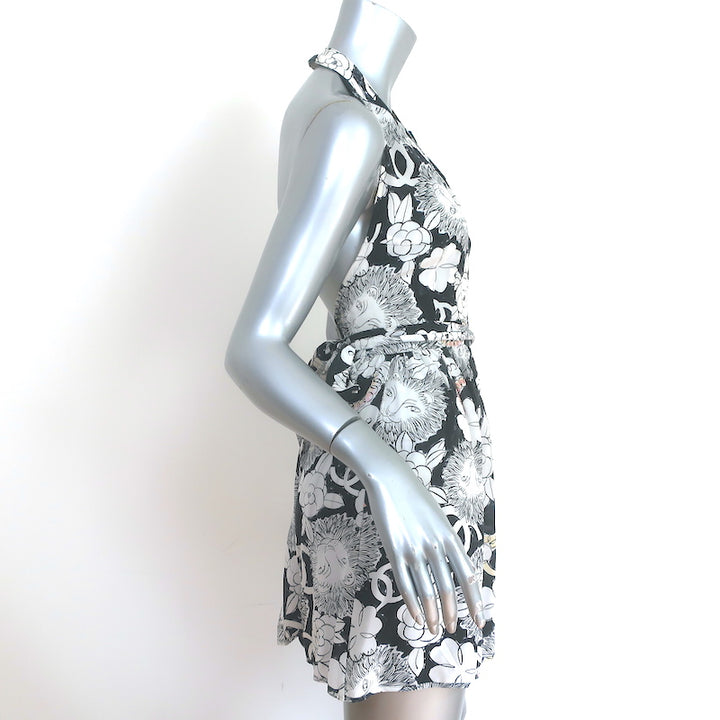 Chanel 10P Halter Mini Wrap Dress Black/White Lion CC Print Silk Size 40