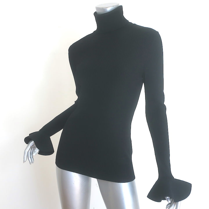 Valentino Bell Sleeve Turtleneck Sweater Black Ribbed Stretch Knit Size Large
