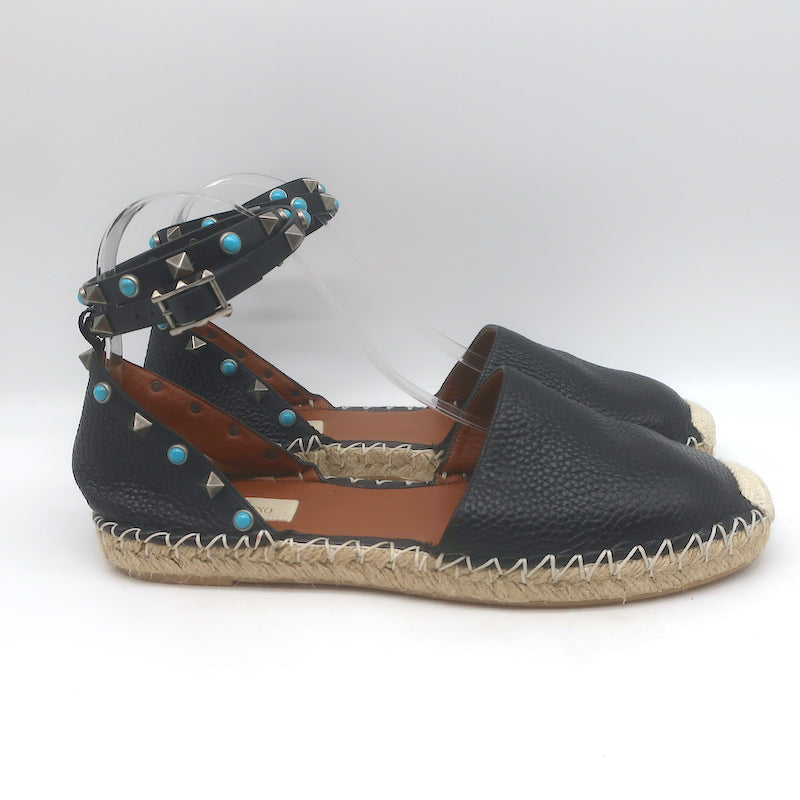 Valentino Rockstud Rolling Ankle Strap Espadrille Flats Black Leather Size 40