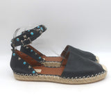 Valentino Rockstud Rolling Ankle Strap Espadrille Flats Black Leather Size 40