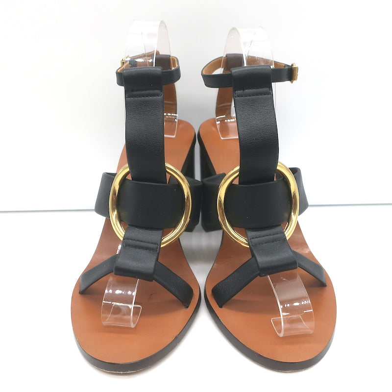 Chloe Rony T-Strap Sandals Black Leather Size 37.5 Open Toe Heels
