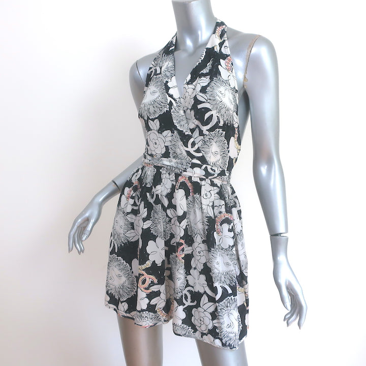 Chanel 10P Halter Mini Wrap Dress Black/White Lion CC Print Silk Size 40