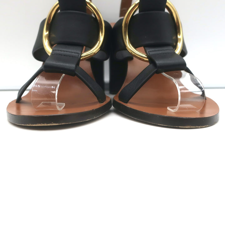 Chloe Rony T-Strap Sandals Black Leather Size 37.5 Open Toe Heels