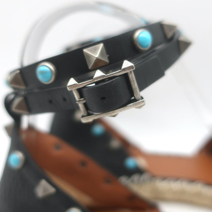 Valentino Rockstud Rolling Ankle Strap Espadrille Flats Black Leather Size 40