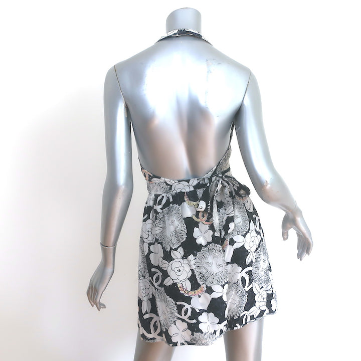 Chanel 10P Halter Mini Wrap Dress Black/White Lion CC Print Silk Size 40