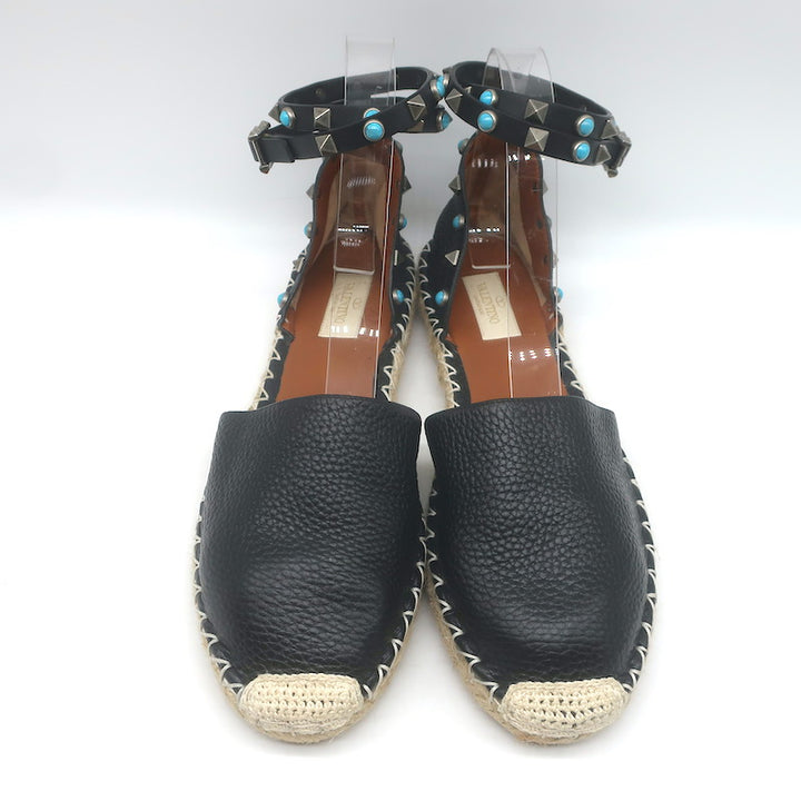 Valentino Rockstud Rolling Ankle Strap Espadrille Flats Black Leather Size 40