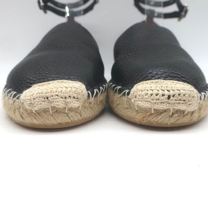Valentino Rockstud Rolling Ankle Strap Espadrille Flats Black Leather Size 40