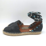 Valentino Rockstud Rolling Ankle Strap Espadrille Flats Black Leather Size 40