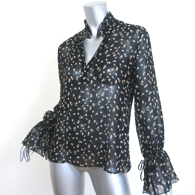 Nili Lotan Demi Bell Sleeve Blouse Black Floral Print Silk Chiffon Size Small