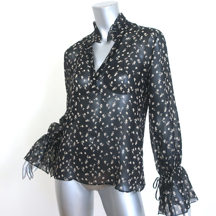 Nili Lotan Demi Bell Sleeve Blouse Black Floral Print Silk Chiffon Size Small