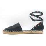 Valentino Rockstud Rolling Ankle Strap Espadrille Flats Black Leather Size 40