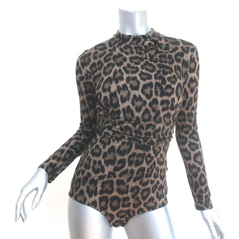 Agent Provocateur Iona Leopard Print Bodysuit Brown Size Medium Long Sleeve Top
