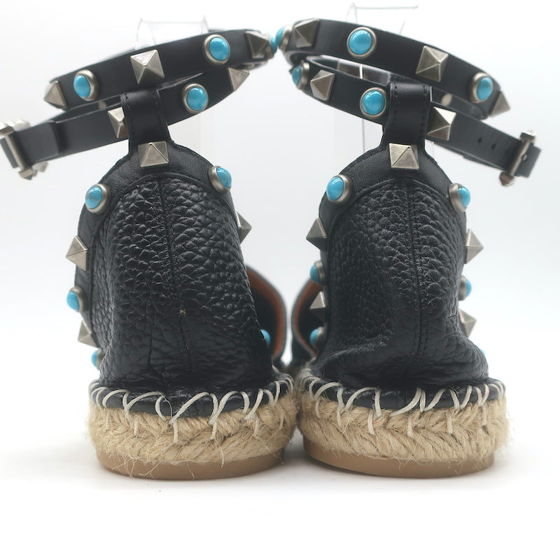 Valentino Rockstud Rolling Ankle Strap Espadrille Flats Black Leather Size 40