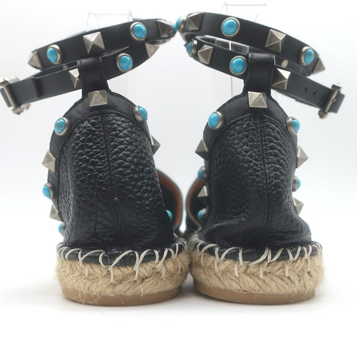 Valentino Rockstud Rolling Ankle Strap Espadrille Flats Black Leather Size 40