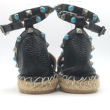 Valentino Rockstud Rolling Ankle Strap Espadrille Flats Black Leather Size 40