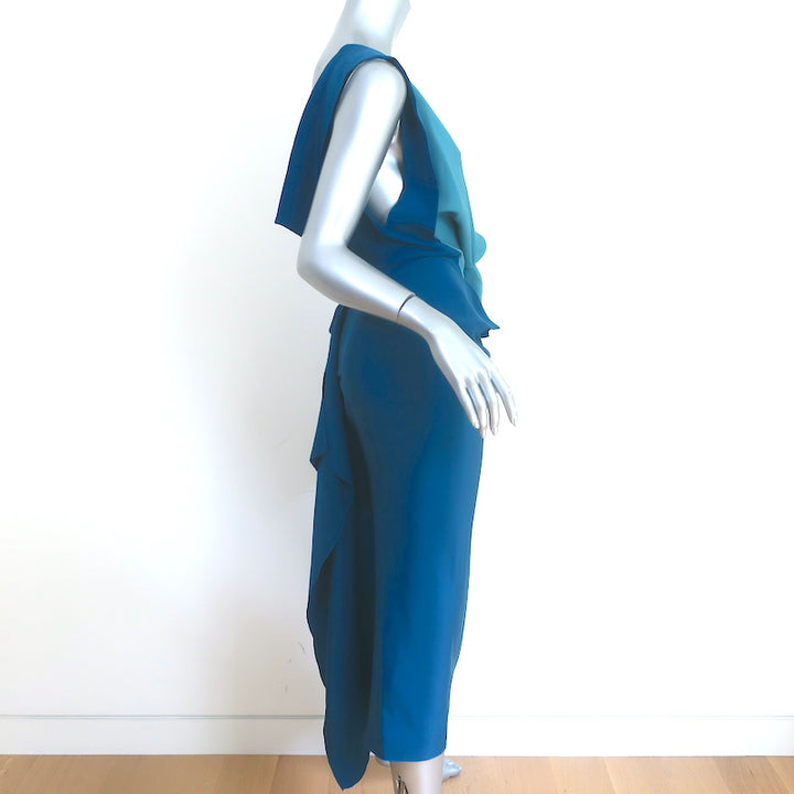 Roland Mouret Colorblock Sleeveless Midi Dress Turquoise Silk Size US 6