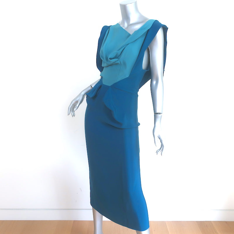 Roland Mouret Colorblock Sleeveless Midi Dress Turquoise Silk Size US 6