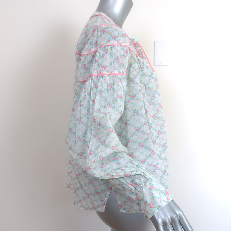 LoveShackFancy Prairie Peasant Blouse White Floral Print Cotton Size Medium