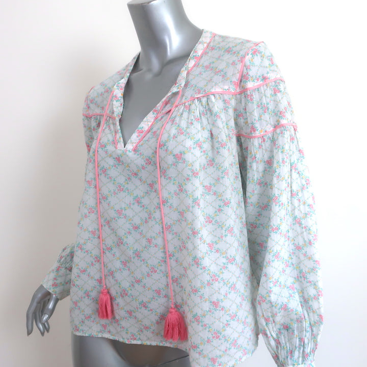 LoveShackFancy Prairie Peasant Blouse White Floral Print Cotton Size Medium