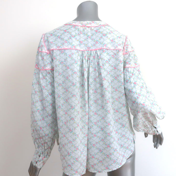 LoveShackFancy Prairie Peasant Blouse White Floral Print Cotton Size Medium