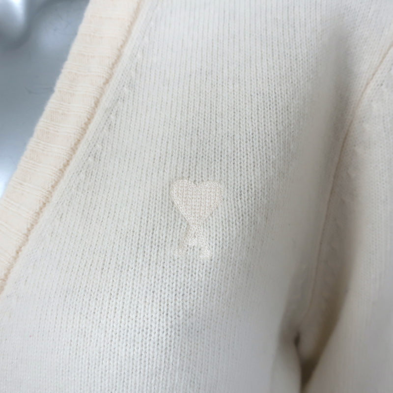 AMI Paris Ami De Coeur Embroidered Cardigan Cream Virgin Wool Size Large