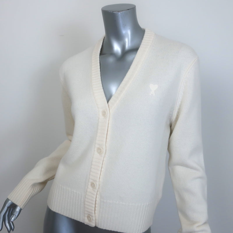 AMI Paris Ami De Coeur Embroidered Cardigan Cream Virgin Wool Size Large