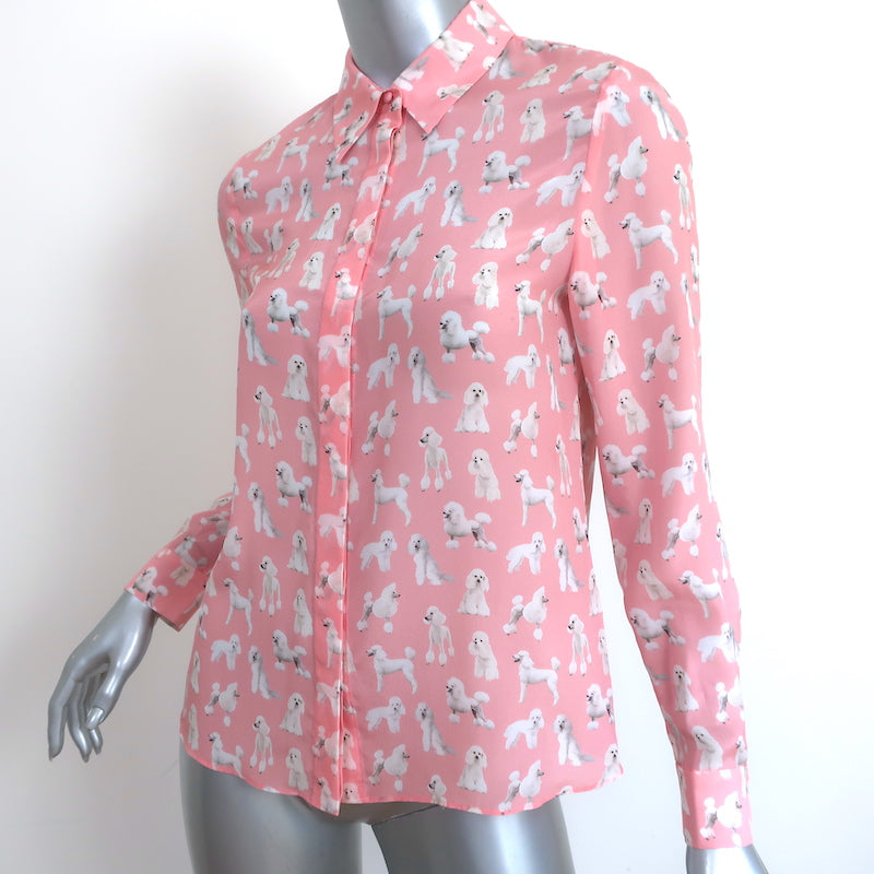 Alice + Olivia Button Down Blouse Willa Pink Poodle Print Silk Size Small NEW