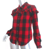 FRAME Ruffled Flannel Button Down Shirt Red Check Size Small Long Sleeve Top