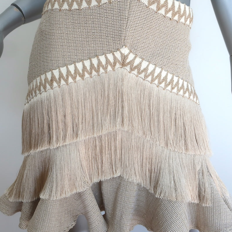 PatBO Metallic Knit Fringe-Trim Cutout Mini Dress Beige/Gold Size US 10 NEW