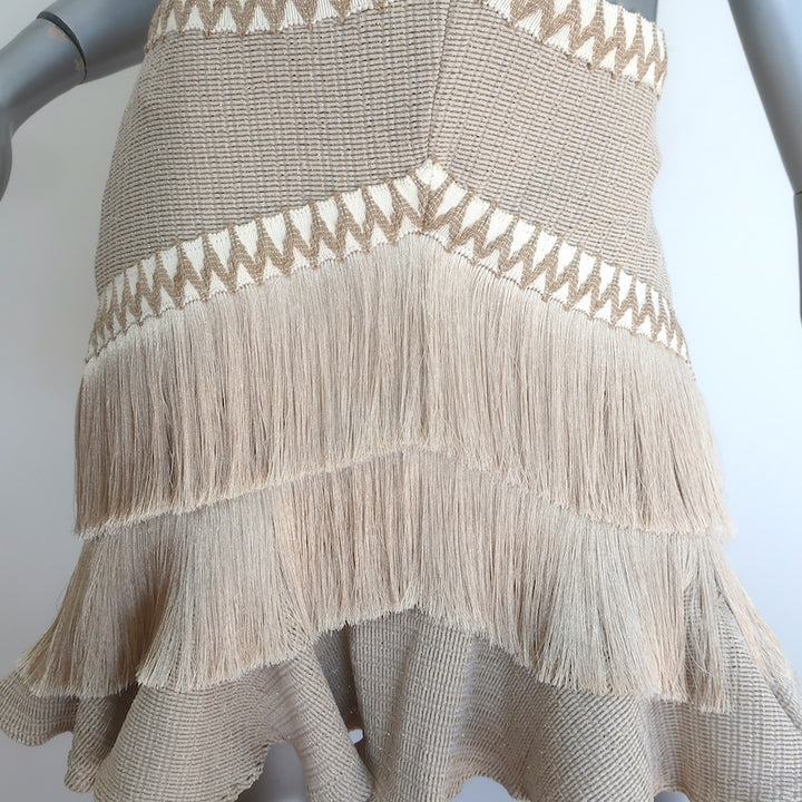 PatBO Metallic Knit Fringe-Trim Cutout Mini Dress Beige/Gold Size US 10 NEW