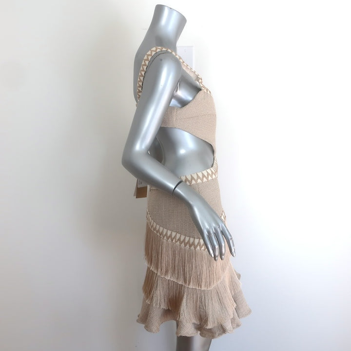 PatBO Metallic Knit Fringe-Trim Cutout Mini Dress Beige/Gold Size US 10 NEW