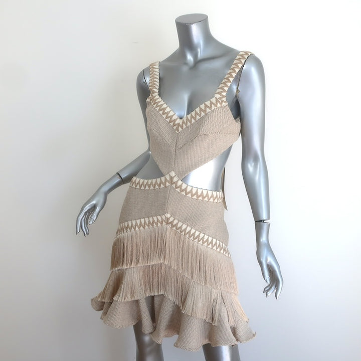 PatBO Metallic Knit Fringe-Trim Cutout Mini Dress Beige/Gold Size US 10 NEW