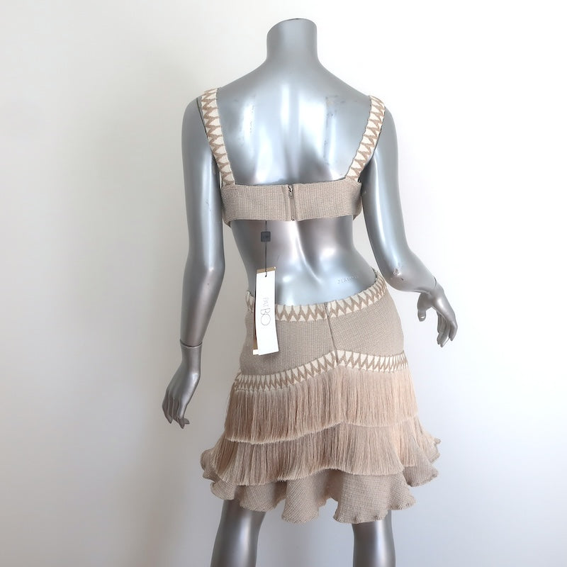 PatBO Metallic Knit Fringe-Trim Cutout Mini Dress Beige/Gold Size US 10 NEW