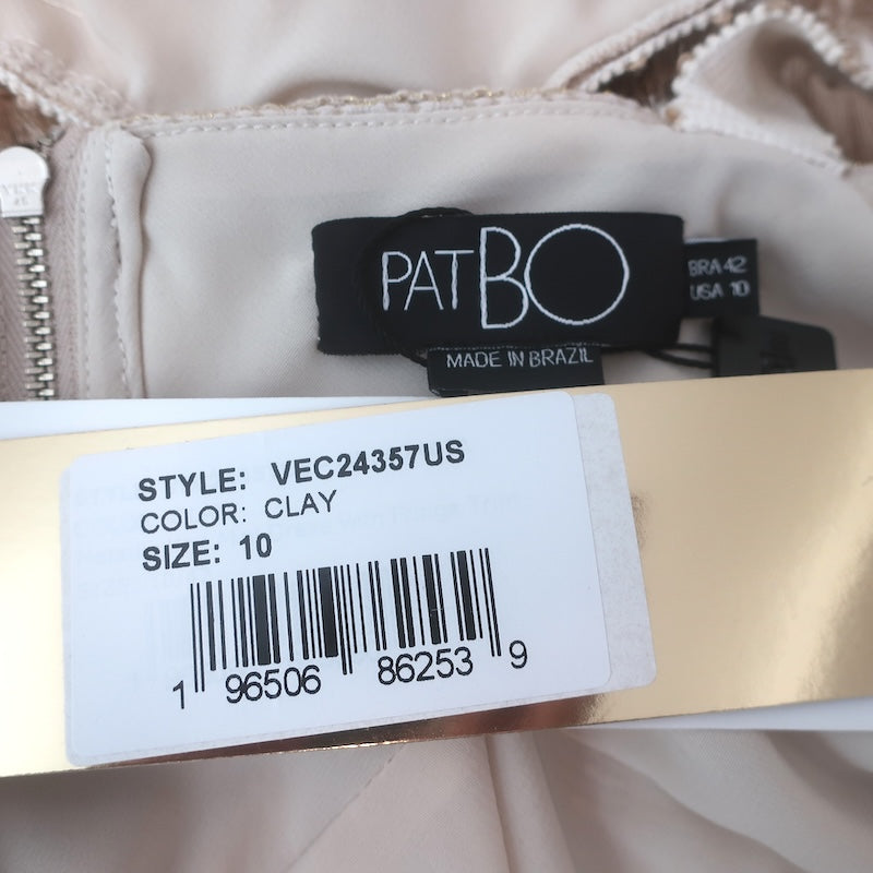 PatBO Metallic Knit Fringe-Trim Cutout Mini Dress Beige/Gold Size US 10 NEW