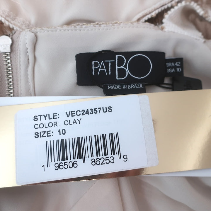 PatBO Metallic Knit Fringe-Trim Cutout Mini Dress Beige/Gold Size US 10 NEW
