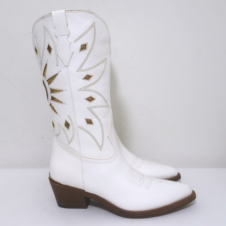Partlow Abigail 55 Metallic-Embroidered Cowboy Boots White Leather Size 40.5 NEW