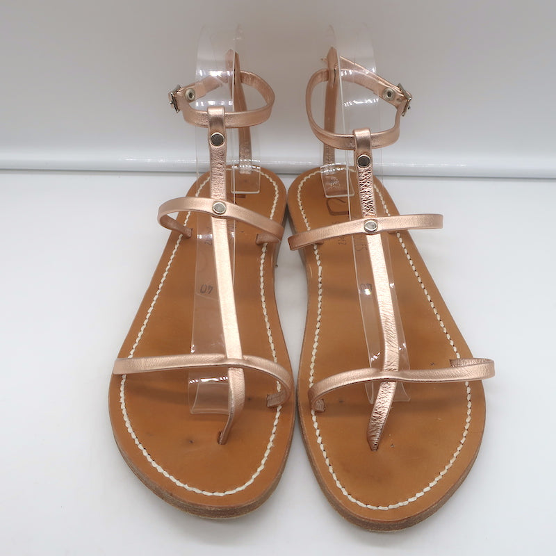 K. Jacques Gina Flat Gladiator Sandals Rose Gold Metallic Leather Size 40