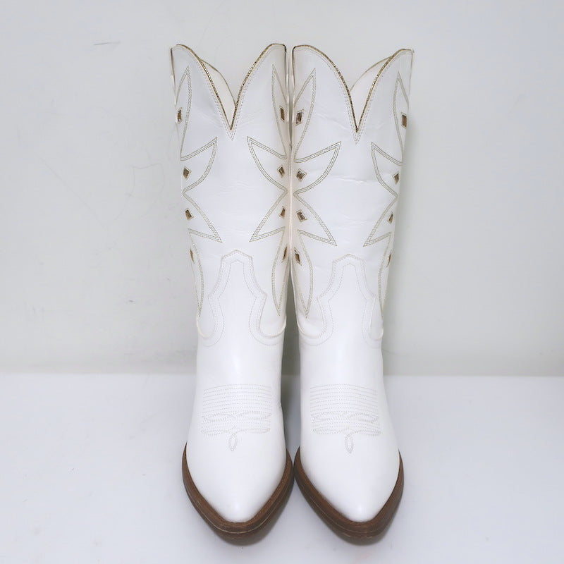Partlow Abigail 55 Metallic-Embroidered Cowboy Boots White Leather Size 40.5 NEW