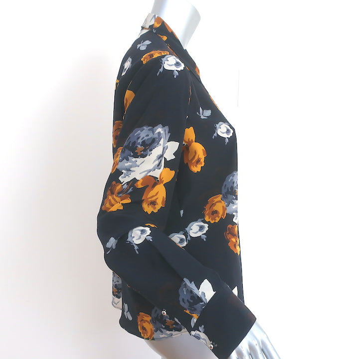 Theory Button Up Blouse Sunaya Navy Floral Print Silk Size Small Long Sleeve Top