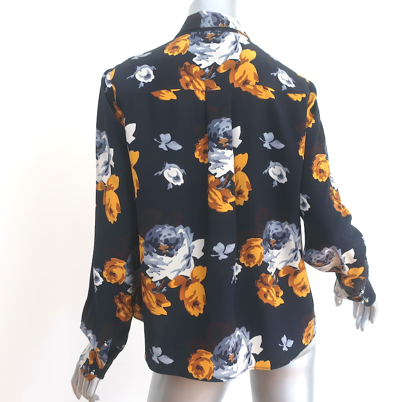 Theory Button Up Blouse Sunaya Navy Floral Print Silk Size Small Long Sleeve Top
