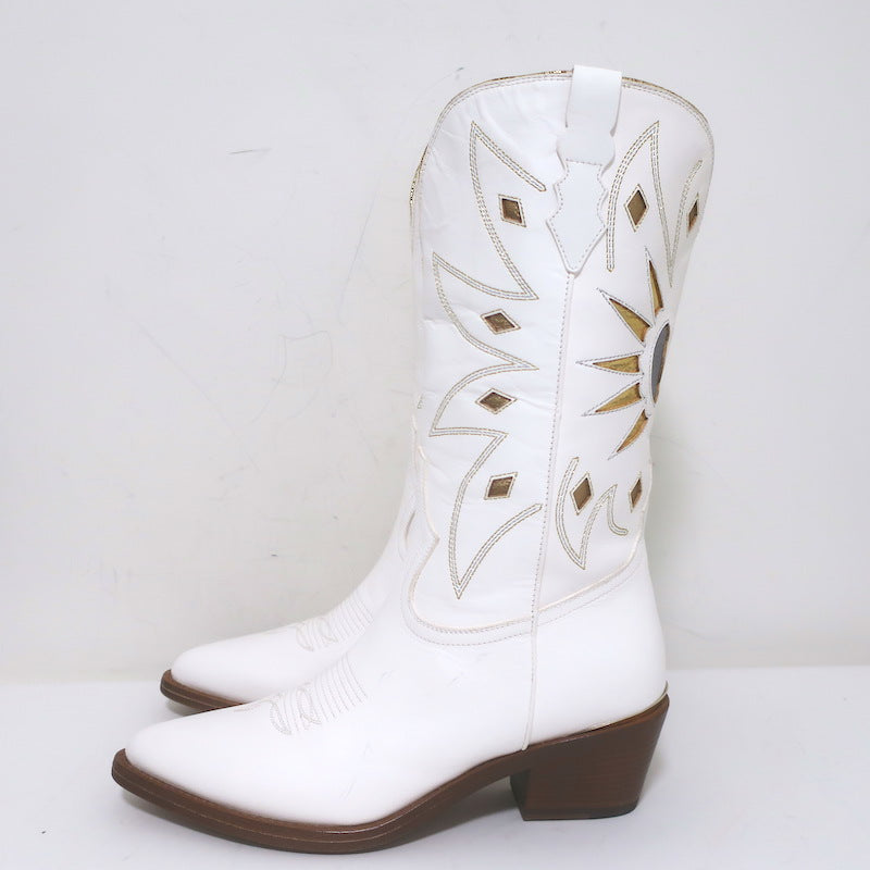 Partlow Abigail 55 Metallic-Embroidered Cowboy Boots White Leather Size 40.5 NEW