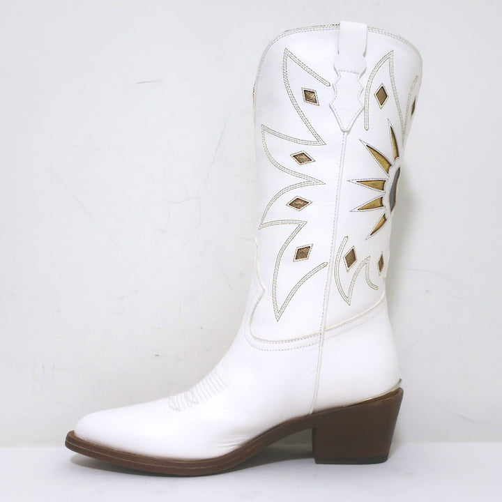 Partlow Abigail 55 Metallic-Embroidered Cowboy Boots White Leather Size 40.5 NEW