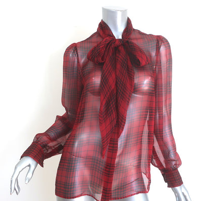 Saint Laurent Pussy Bow Checked Blouse Red/Black Chiffon Size 40 Long Sleeve Top