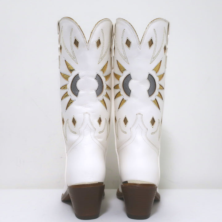 Partlow Abigail 55 Metallic-Embroidered Cowboy Boots White Leather Size 40.5 NEW